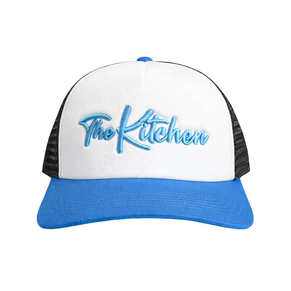 Trucker hat with 'The Kitchen' text on a white background