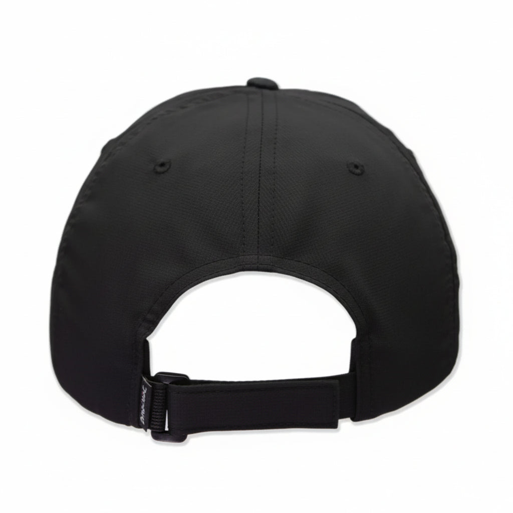 Black cap with a strap on a white background