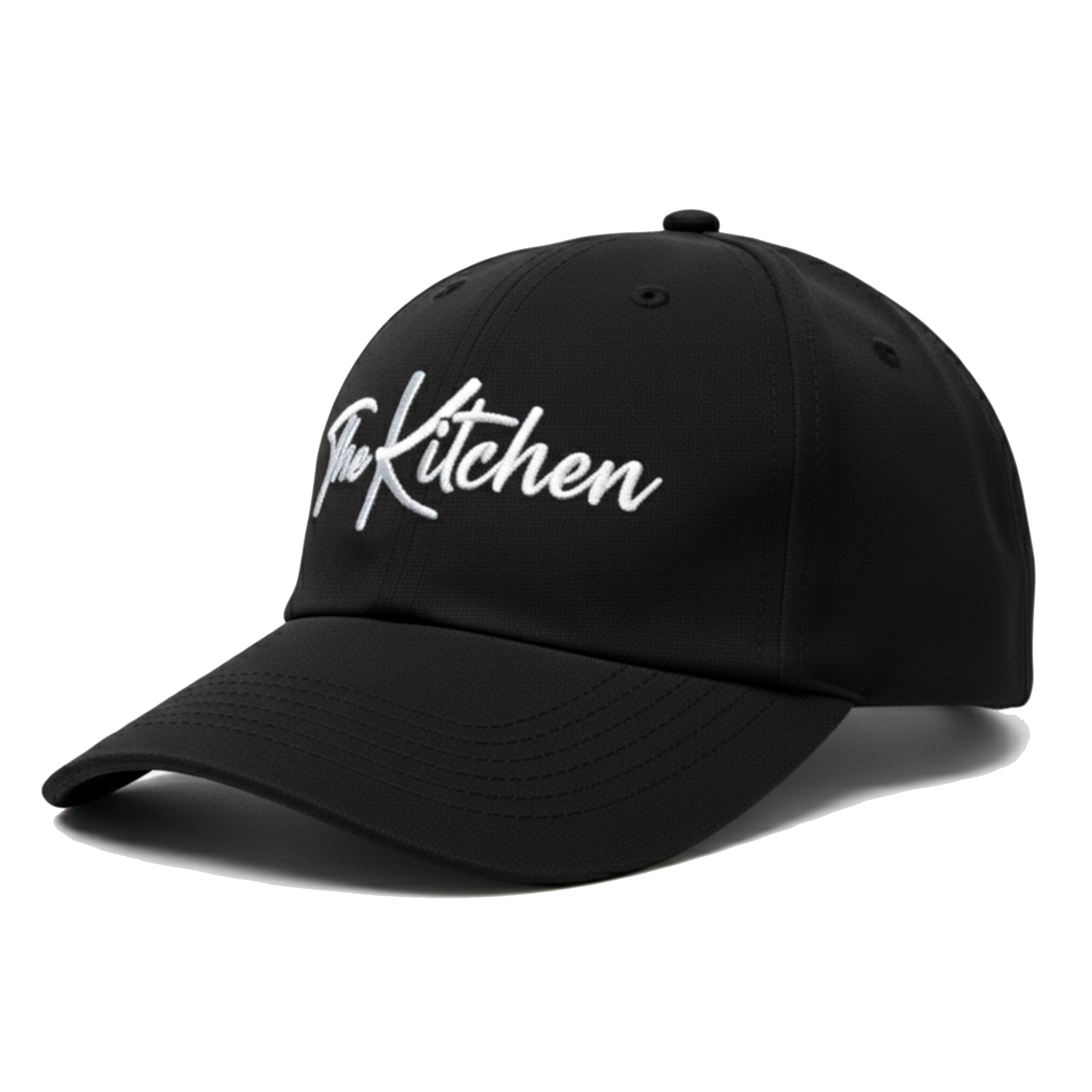 Black cap with 'The Kitchen' text on a white background