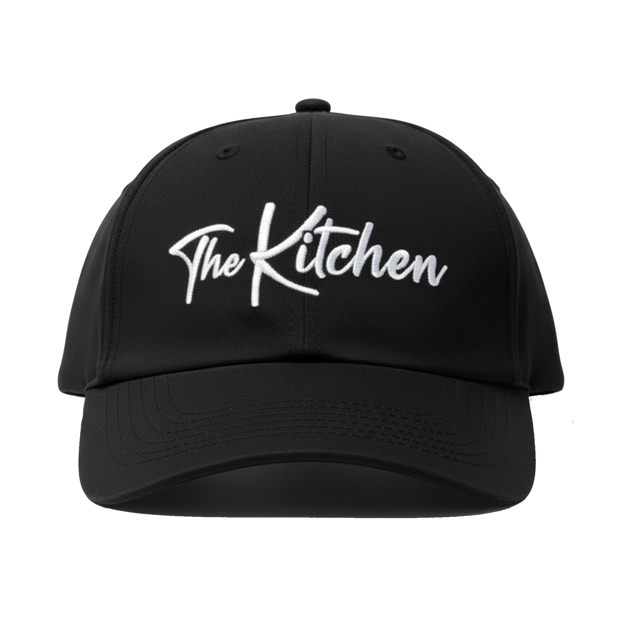 Black cap with 'The Kitchen' text on a white background