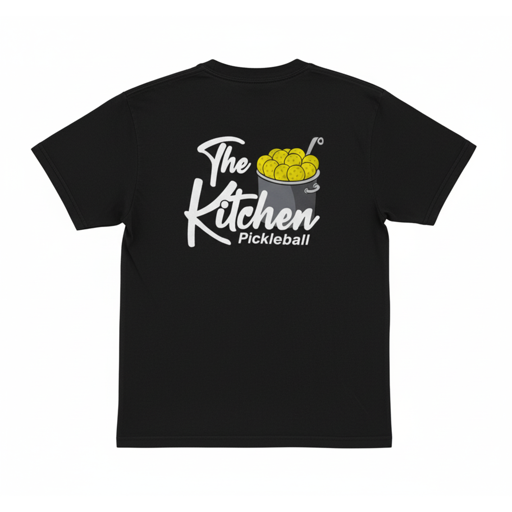 Black t-shirt with 'The Kitchen Pickleball' design on a white background