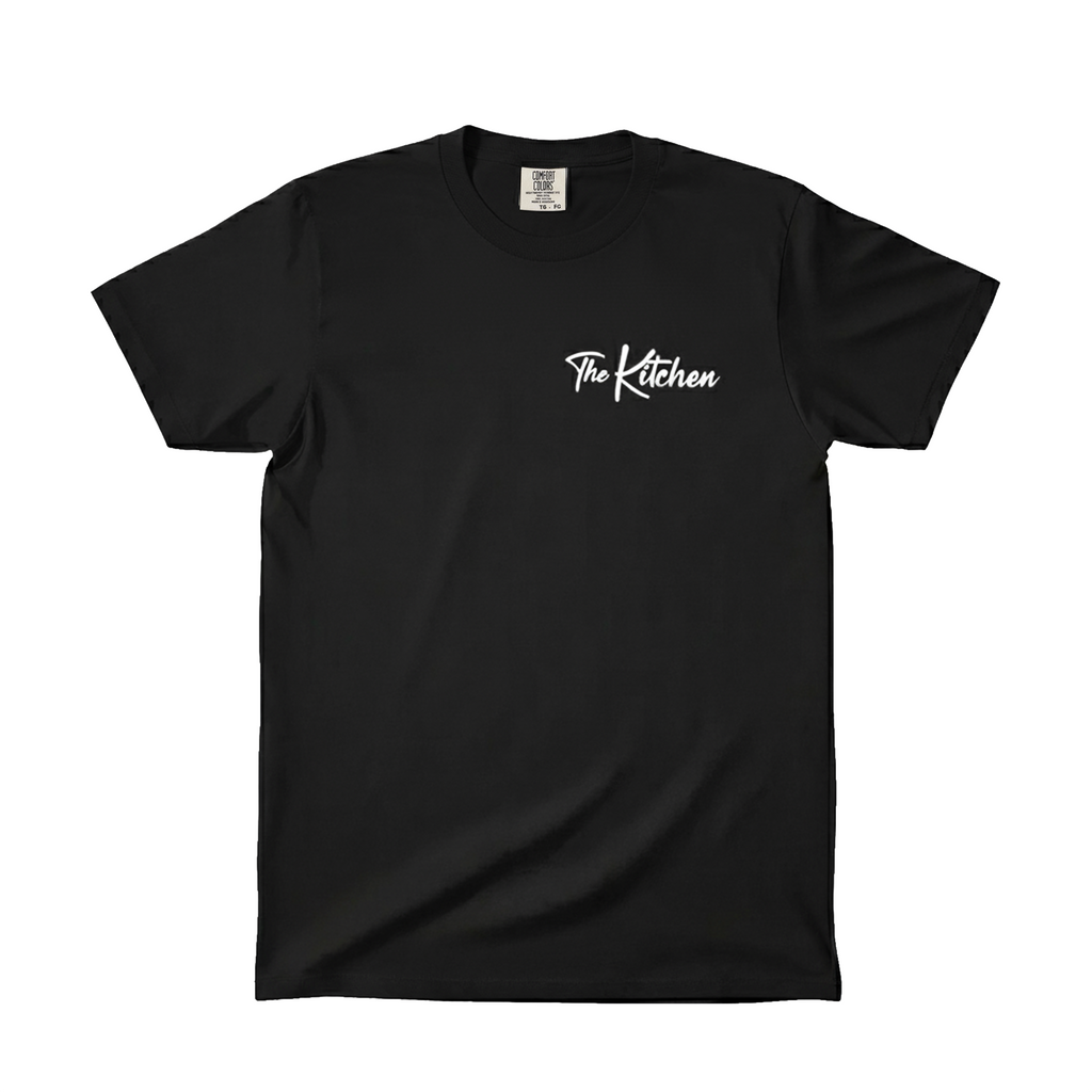 Black t-shirt with 'The Kitchen' logo on a white background