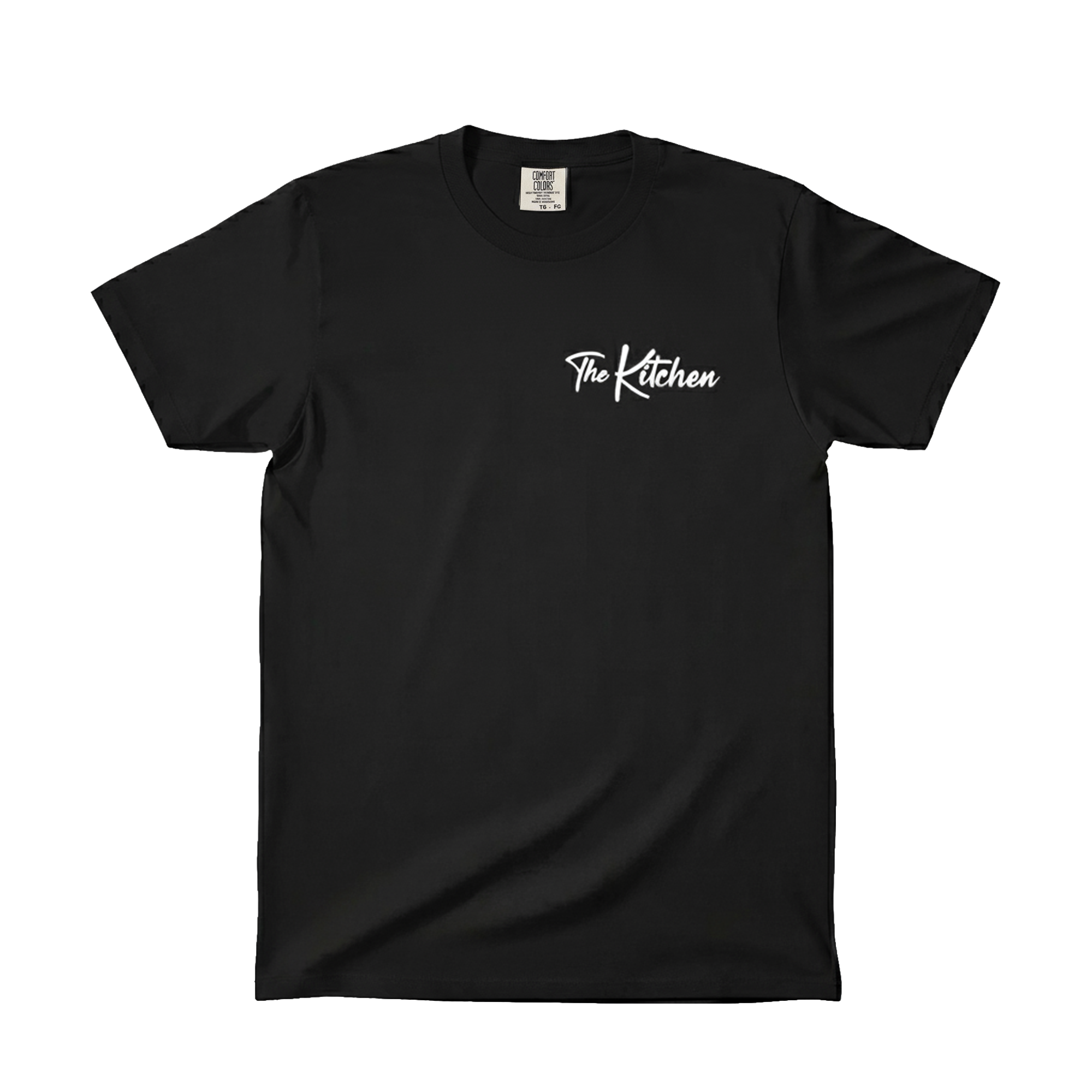 Black t-shirt with 'The Kitchen' logo on a white background