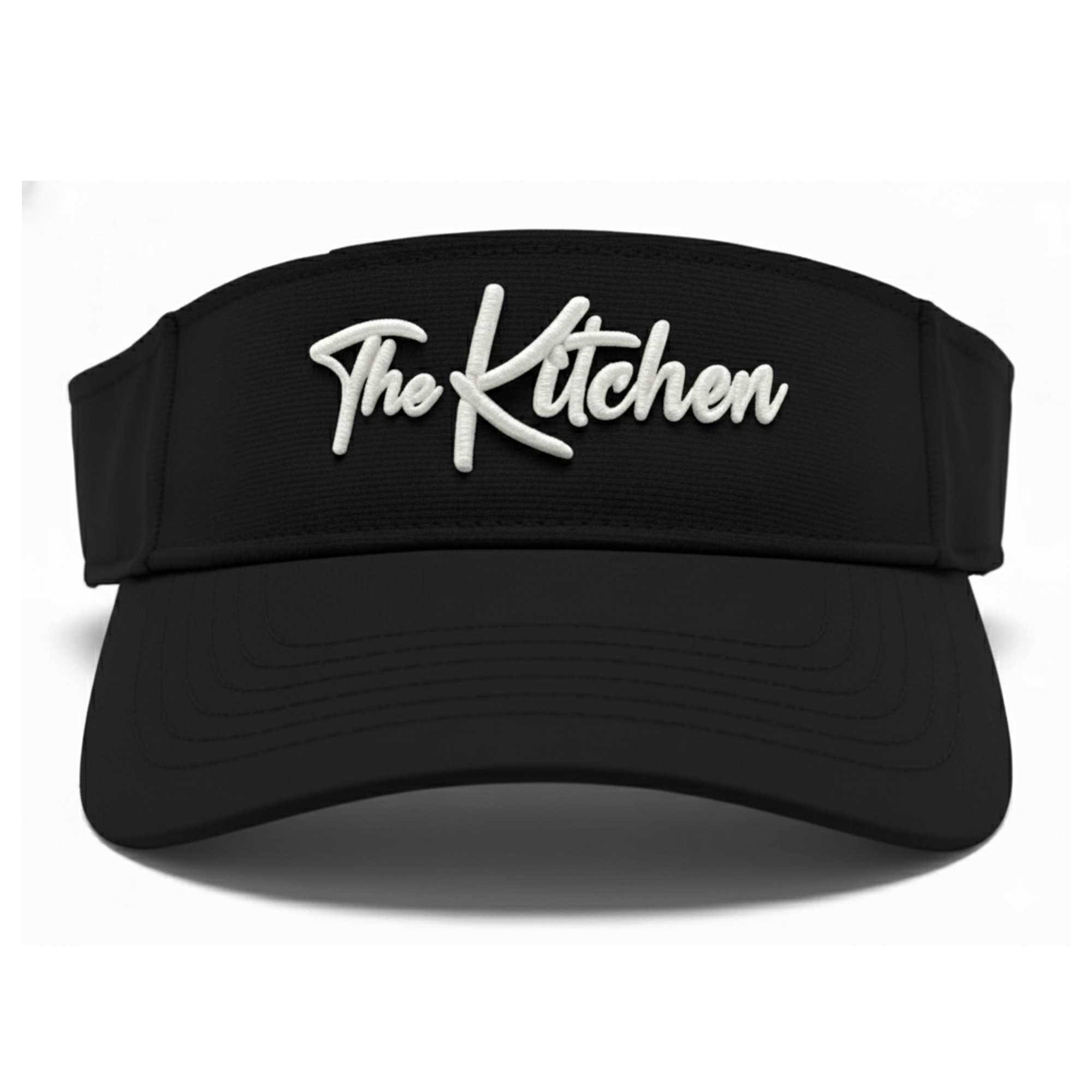 Black visor with 'The Kitchen' text on a white background