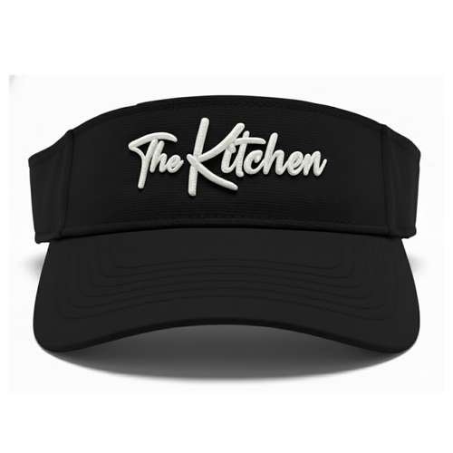 Black visor with 'The Kitchen' text on a white background