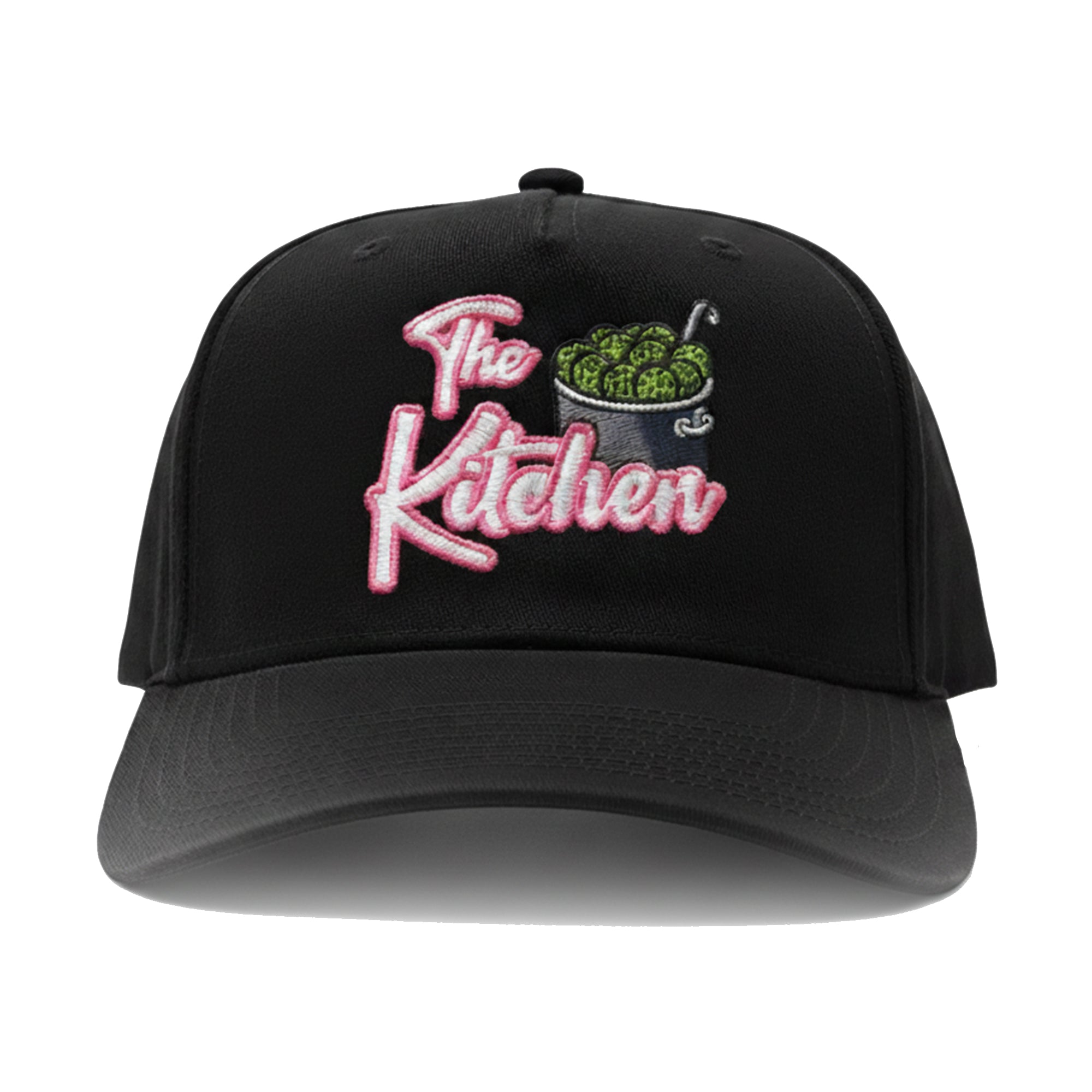 Black cap with 'The Kitchen' embroidery on a white background