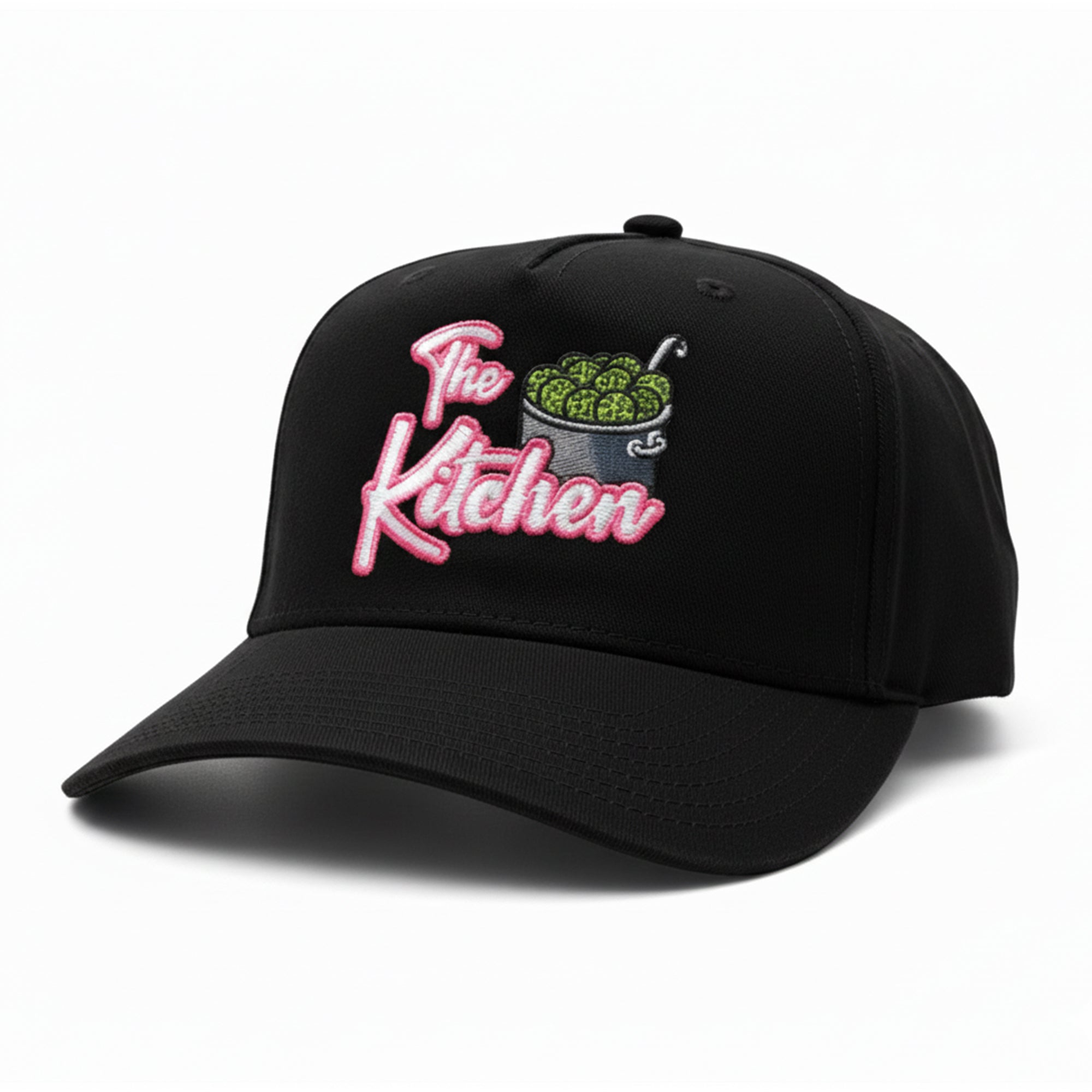 Black cap with 'The Kitchen' text and pizza graphic on a white background