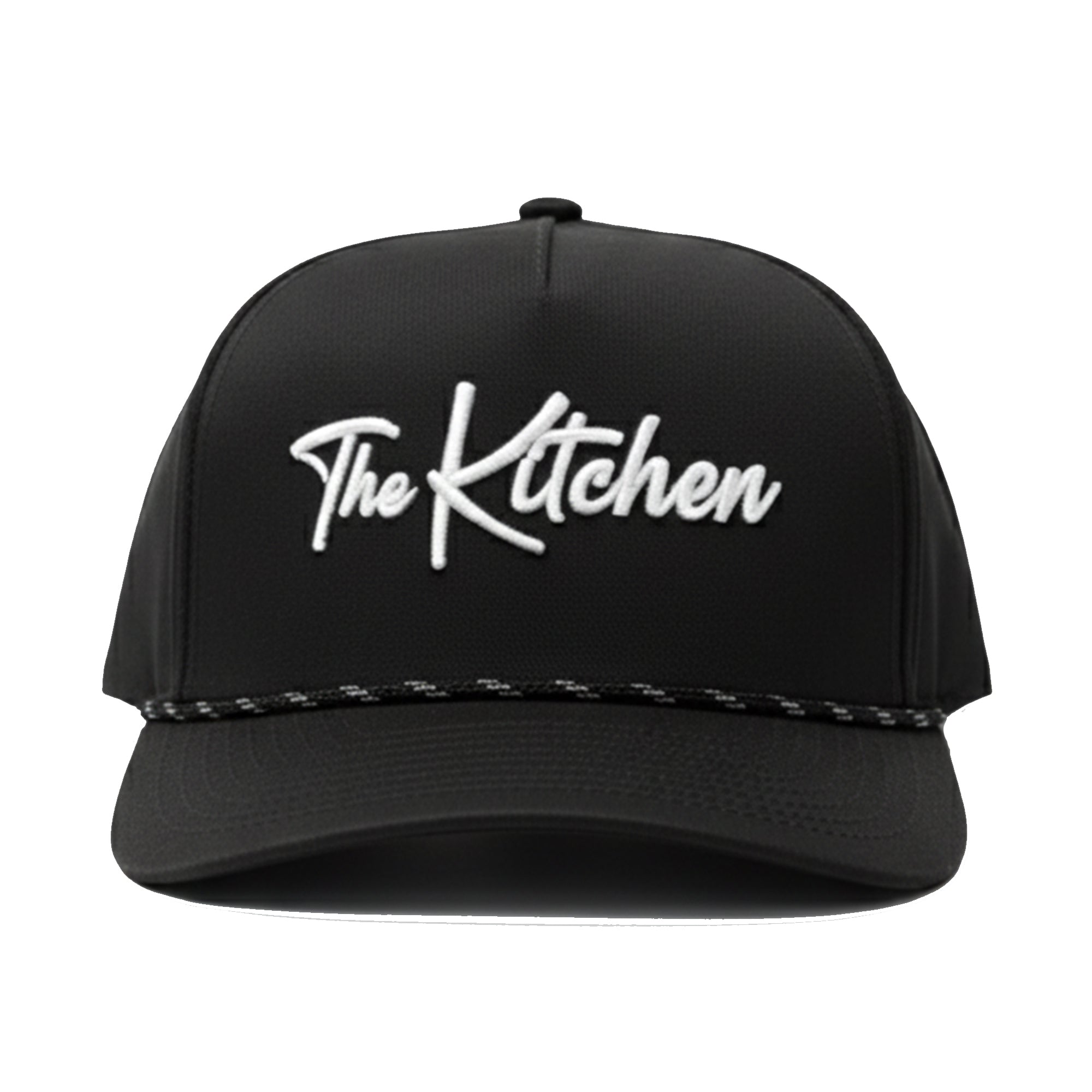 Black cap with 'The Kitchen' embroidered on a white background