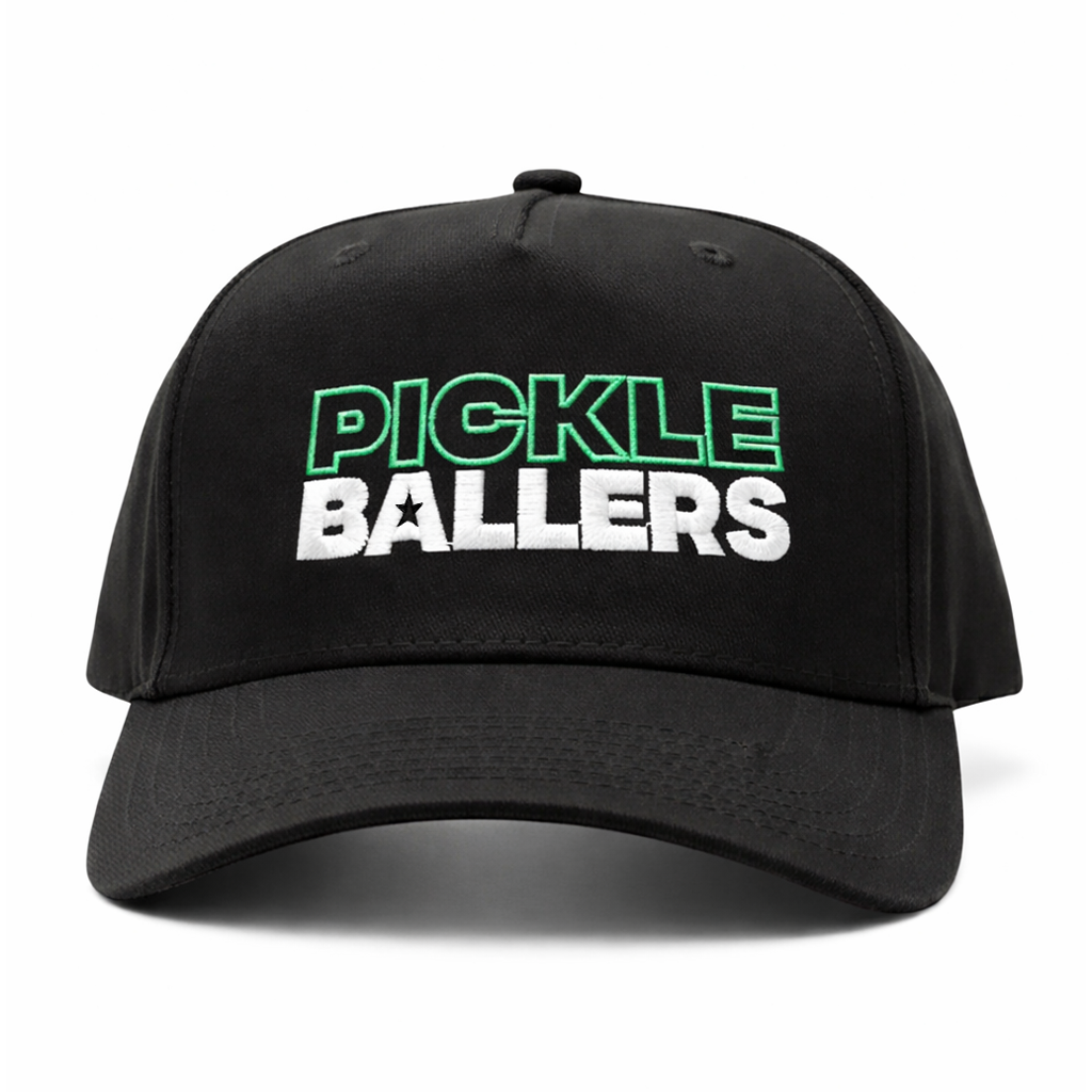 Black cap with 'Pickle Ballers' text on a white background