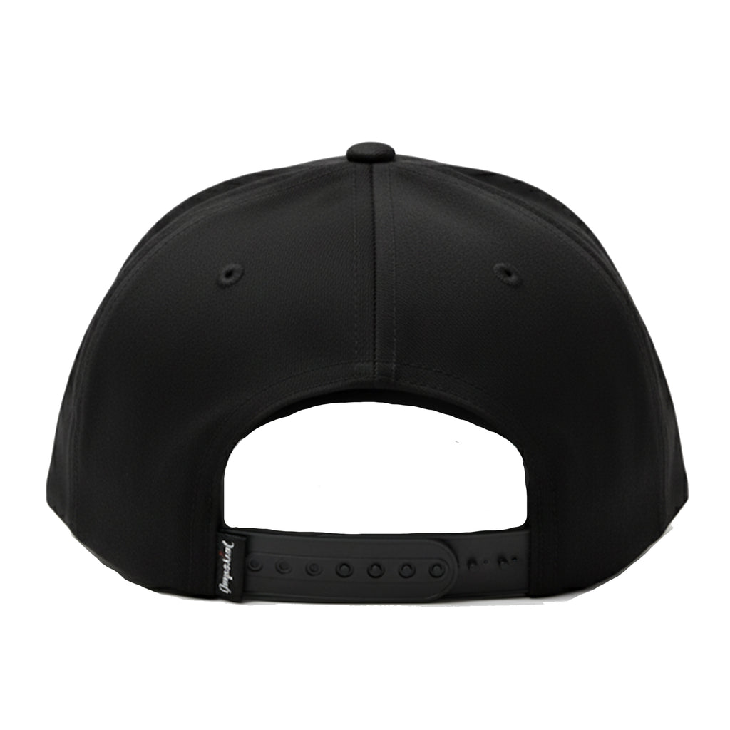 Black cap with a brand logo on the strap against a white background