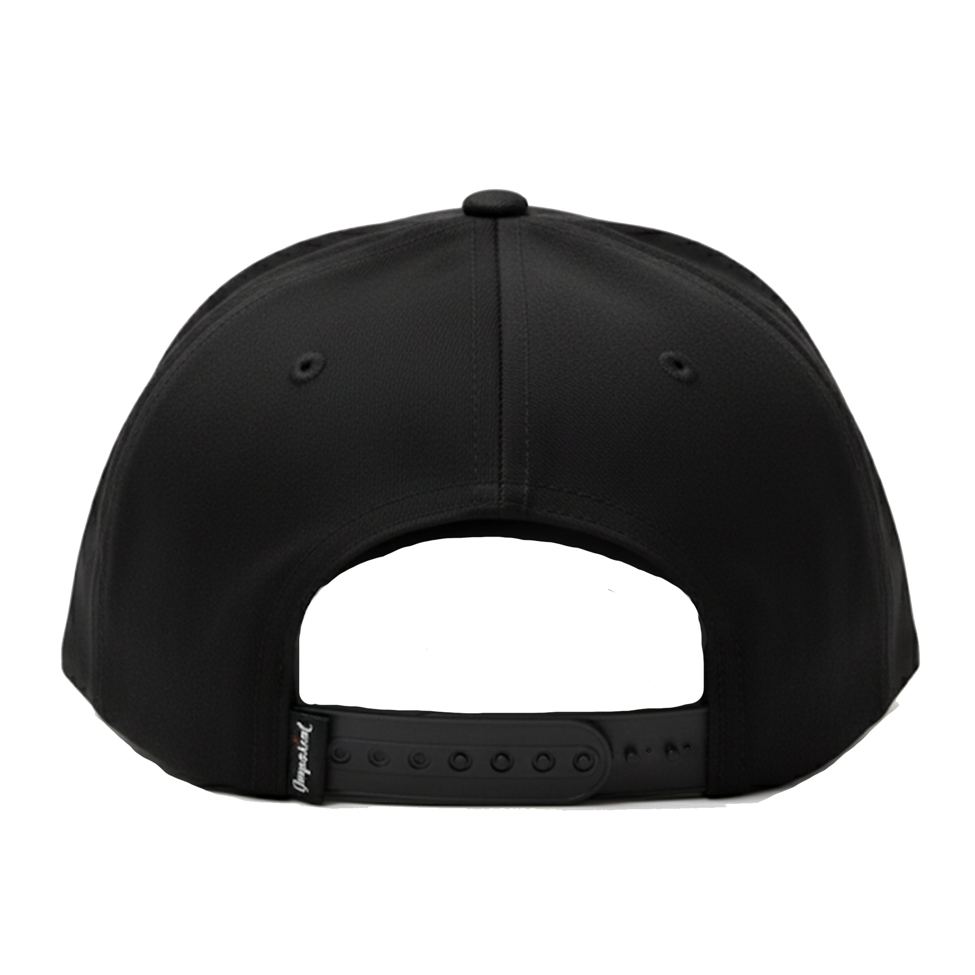 Black cap with a brand logo on the strap against a white background