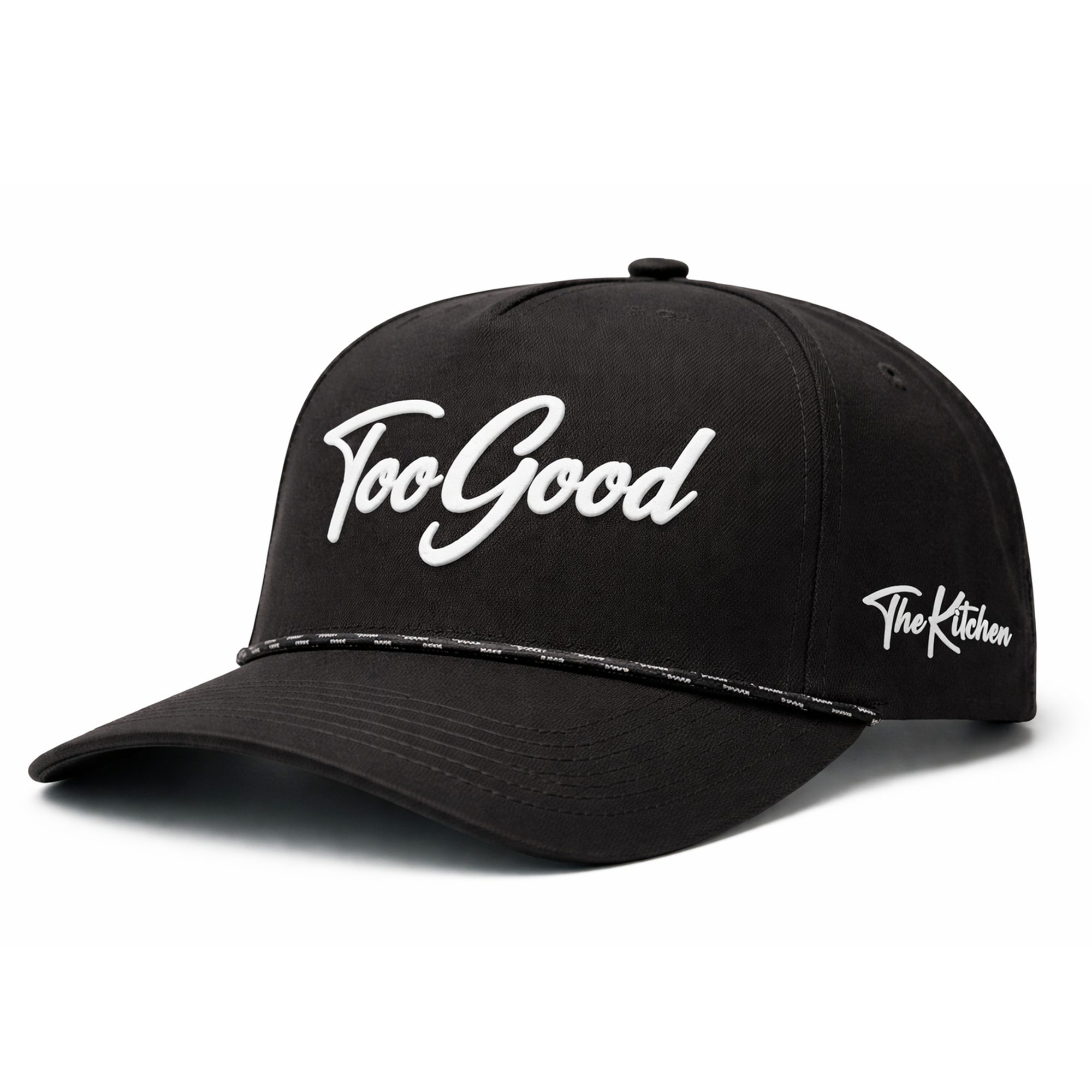 Black cap with 'Too Good' and 'The Kitchen' text on a white background