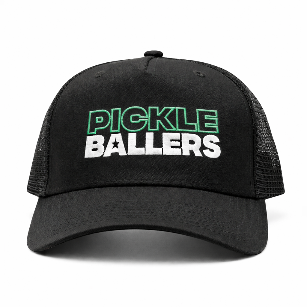 Black cap with 'Pickle Ballers' text on a white background
