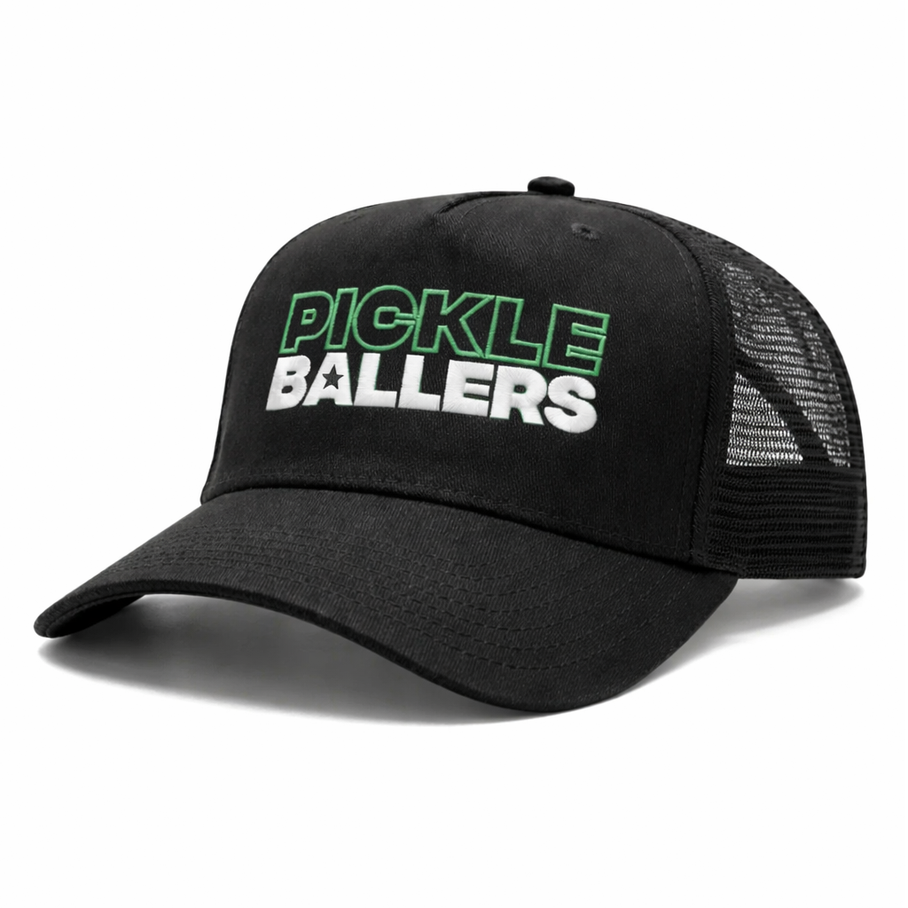 Black cap with 'Pickle Ballers' text on a white background