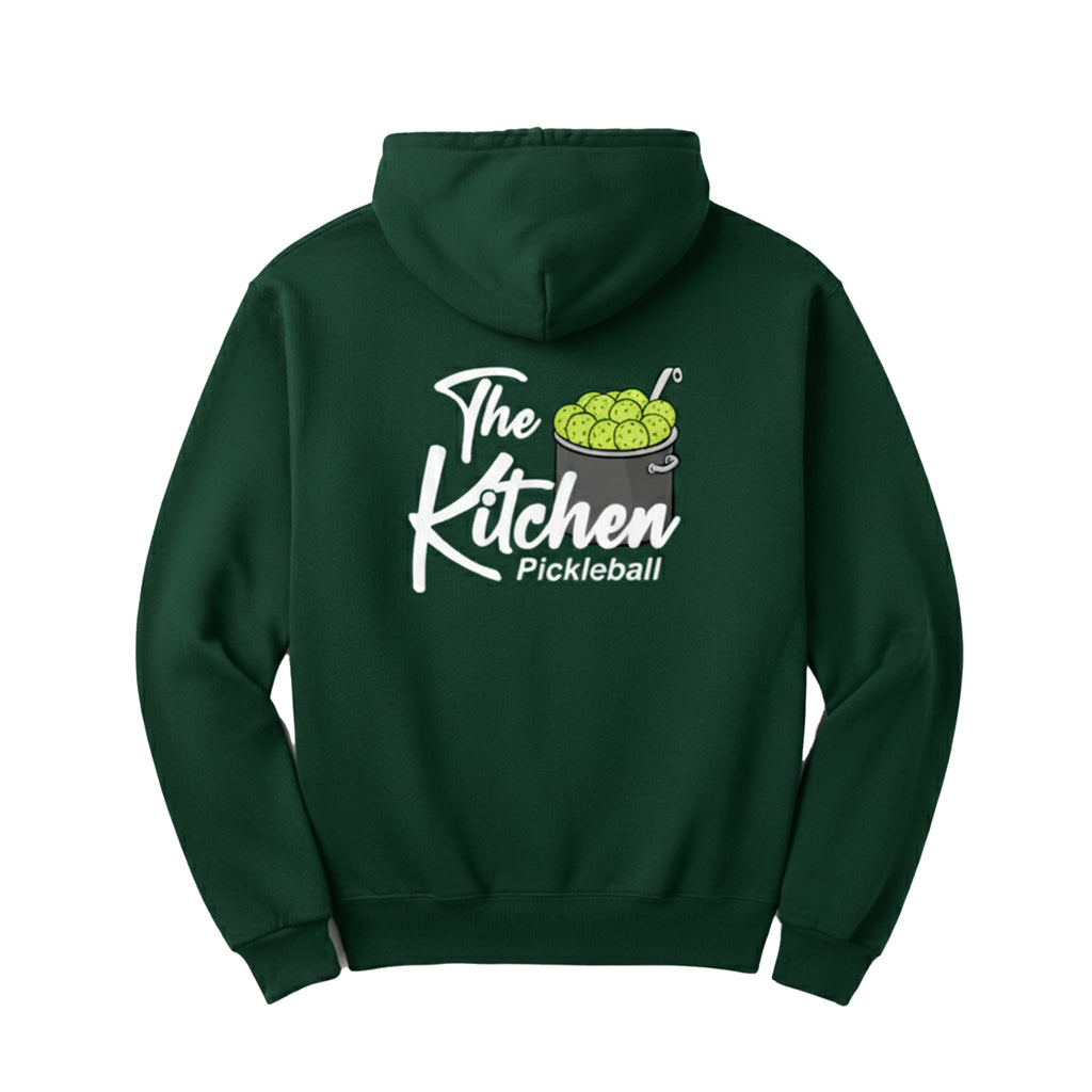 Green hoodie with 'The Kitchen Pickleball' design on the back against a white background