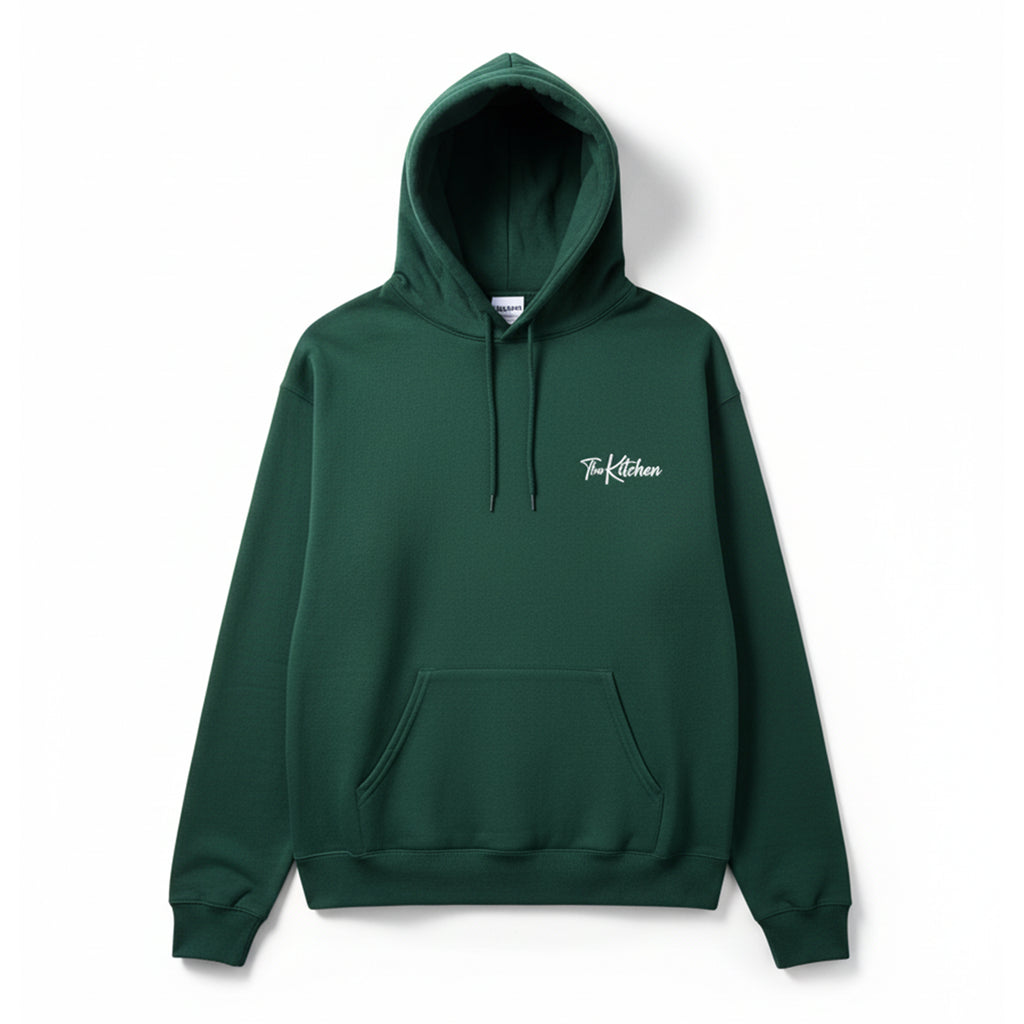 Green hoodie with 'The Kitchen' logo on the chest against a white background
