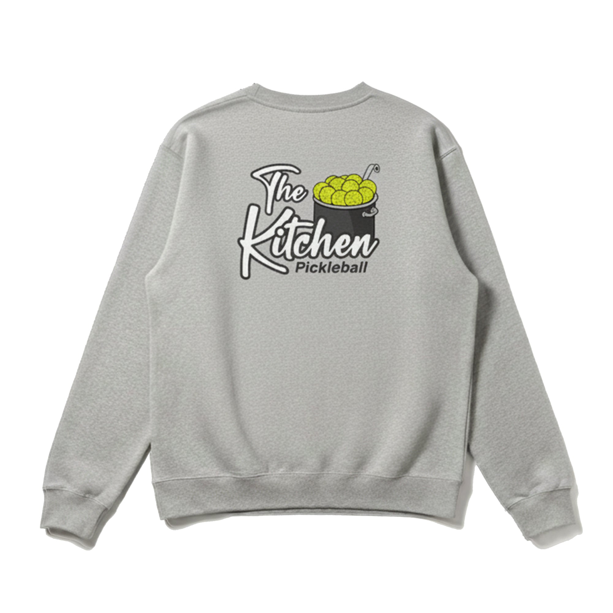 Gray sweatshirt with 'The Kitchen Pickleball' logo on the back against a white background