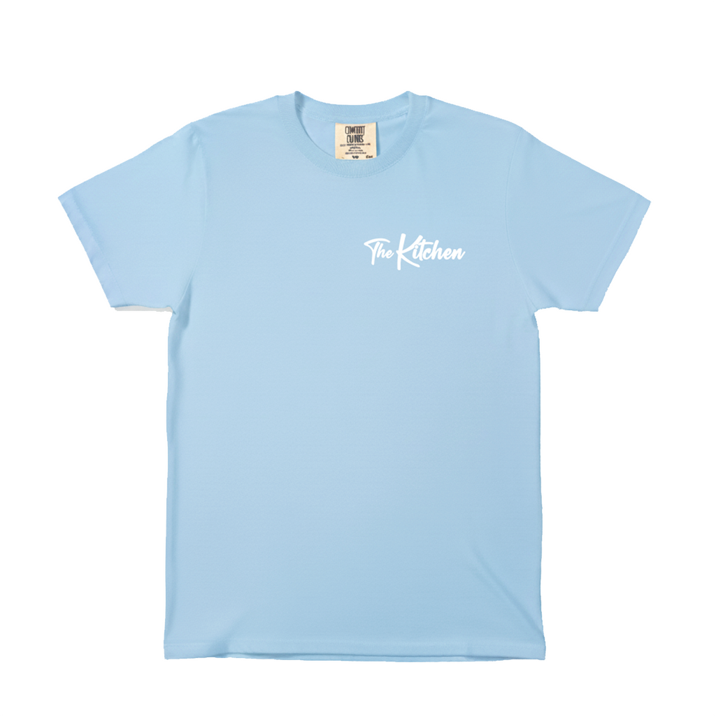Light blue t-shirt with 'The Kitchen' text on a white background