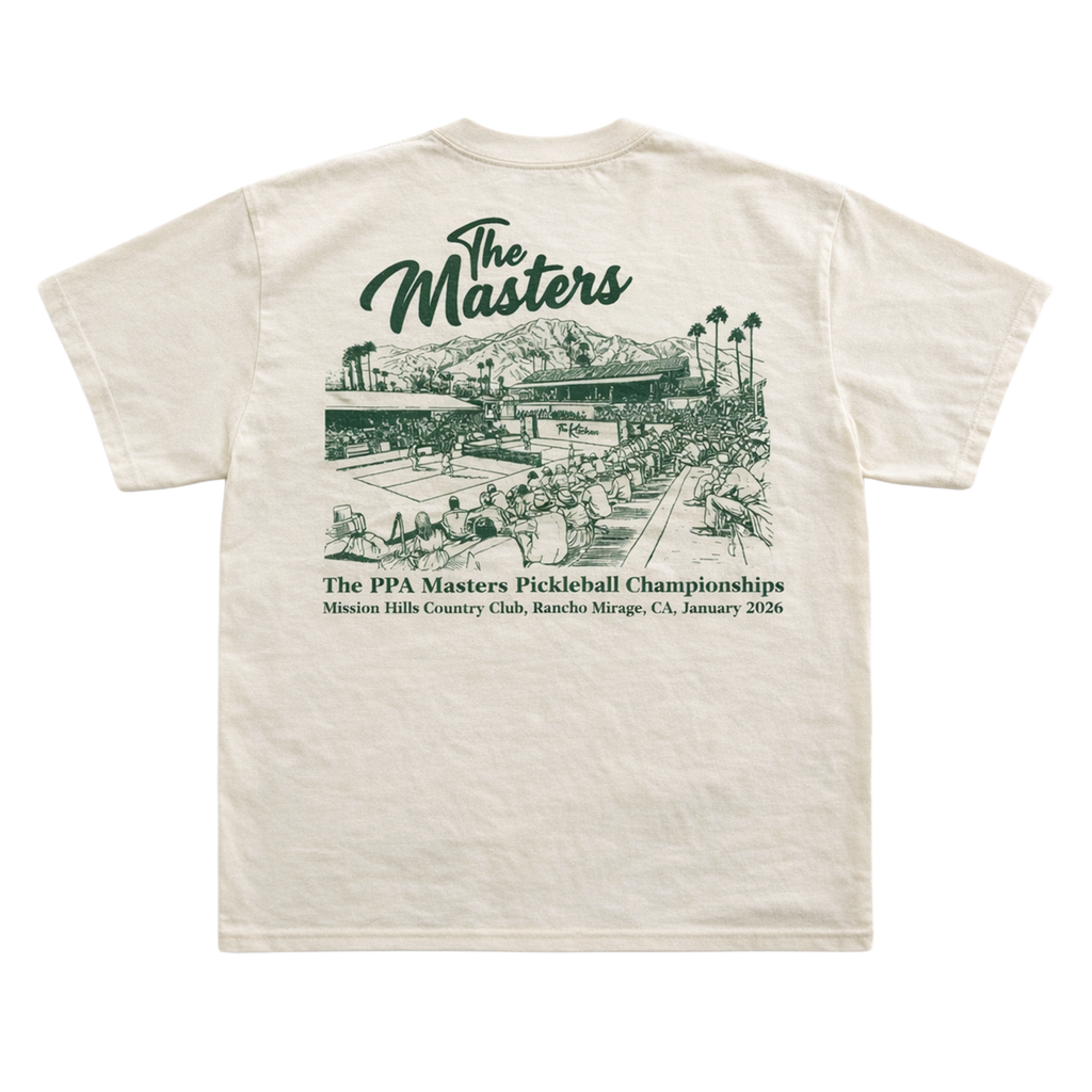 Beige t-shirt with green graphic and text on a white background