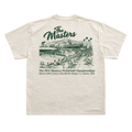 Beige t-shirt with green graphic and text on a white background