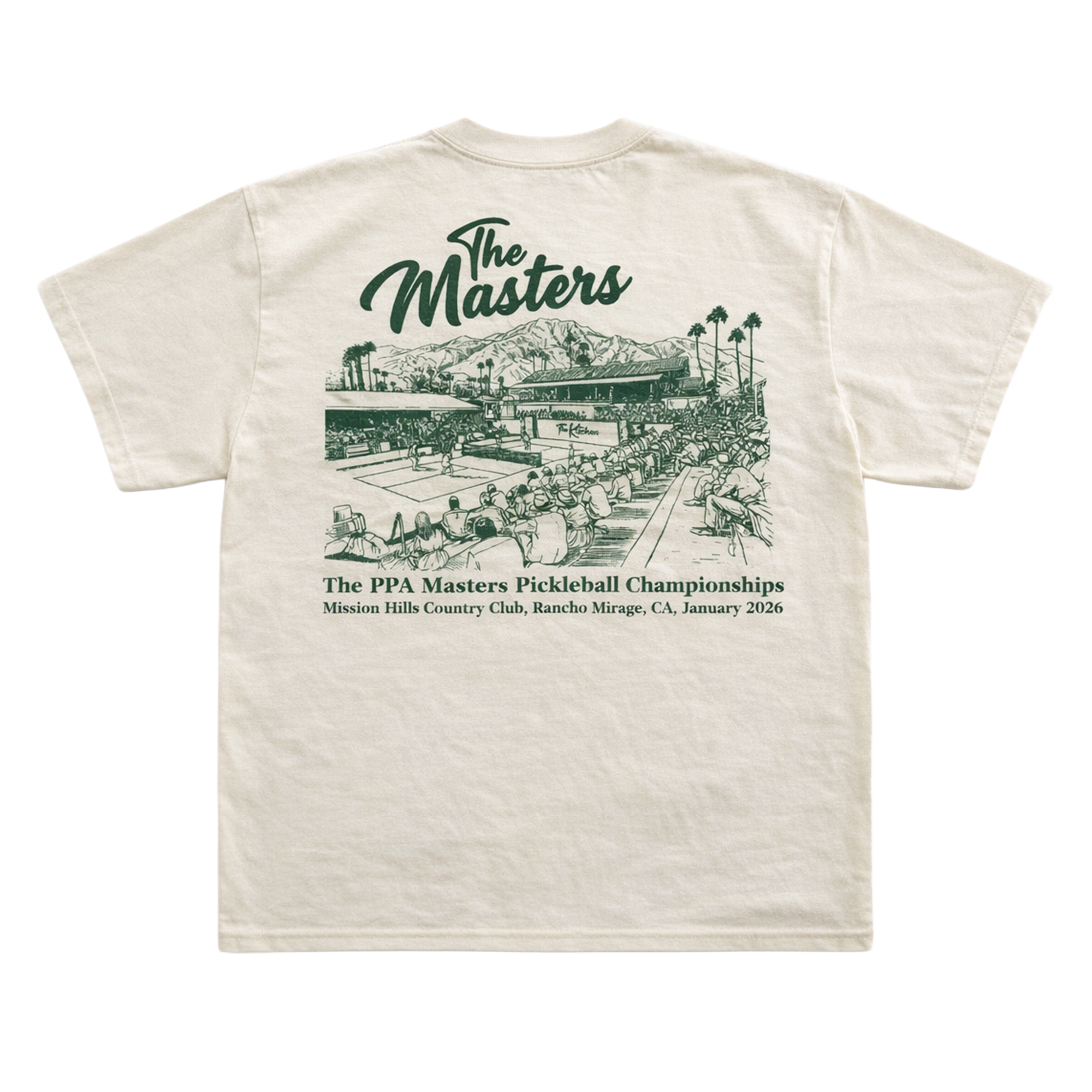 Beige t-shirt with green graphic and text on a white background