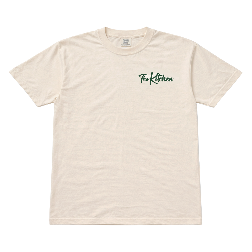 Beige t-shirt with 'The Kitchen' logo on a white background