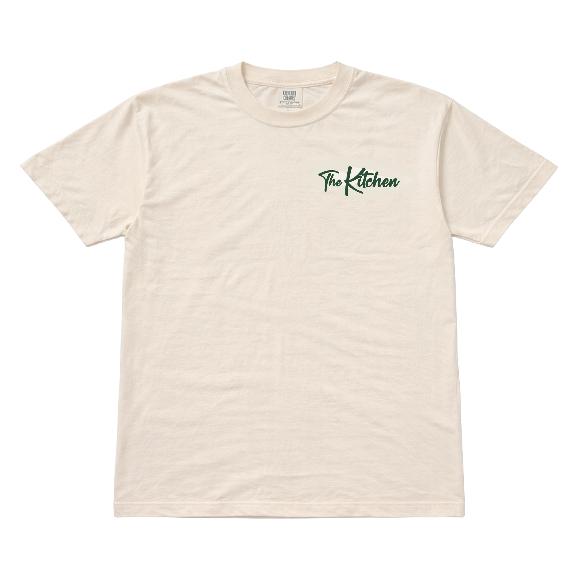 Beige t-shirt with 'The Kitchen' logo on a white background