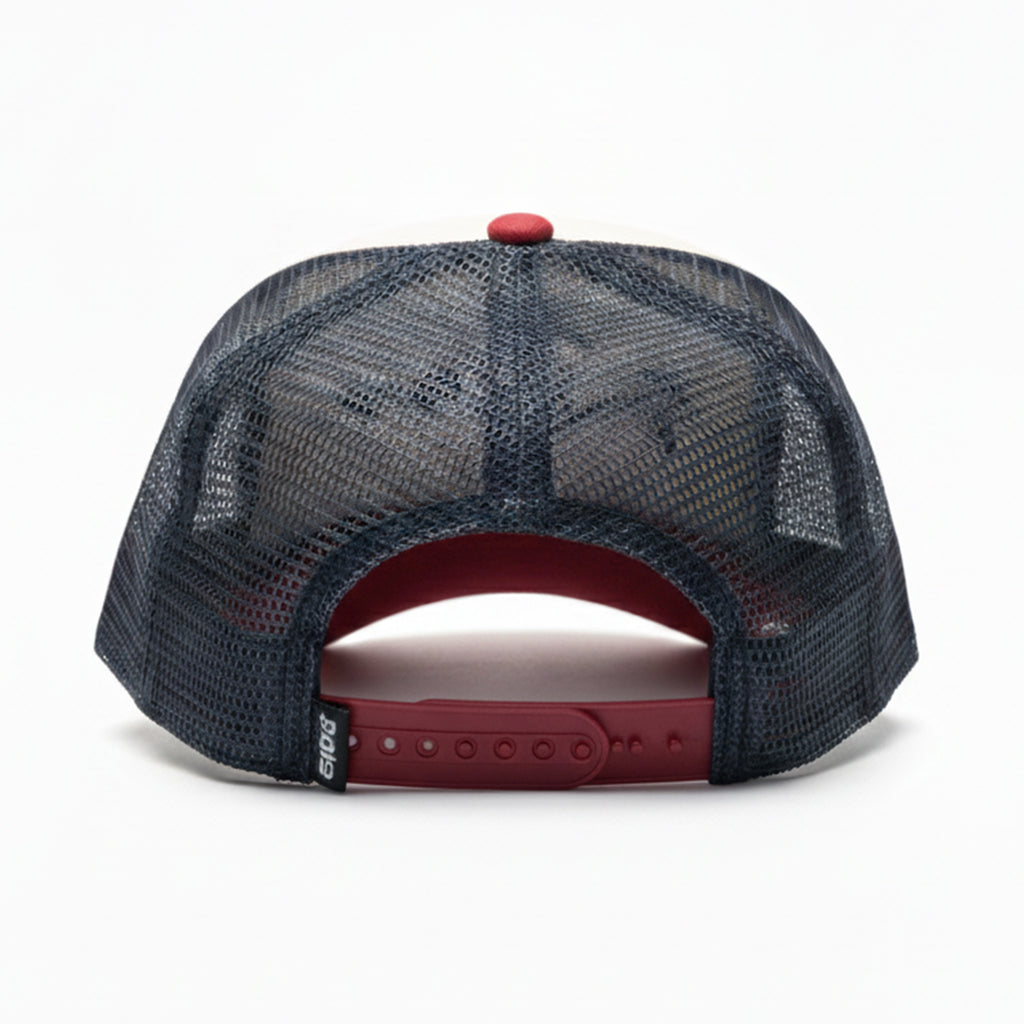 Back view of a navy blue mesh cap with red interior and brim on a white background