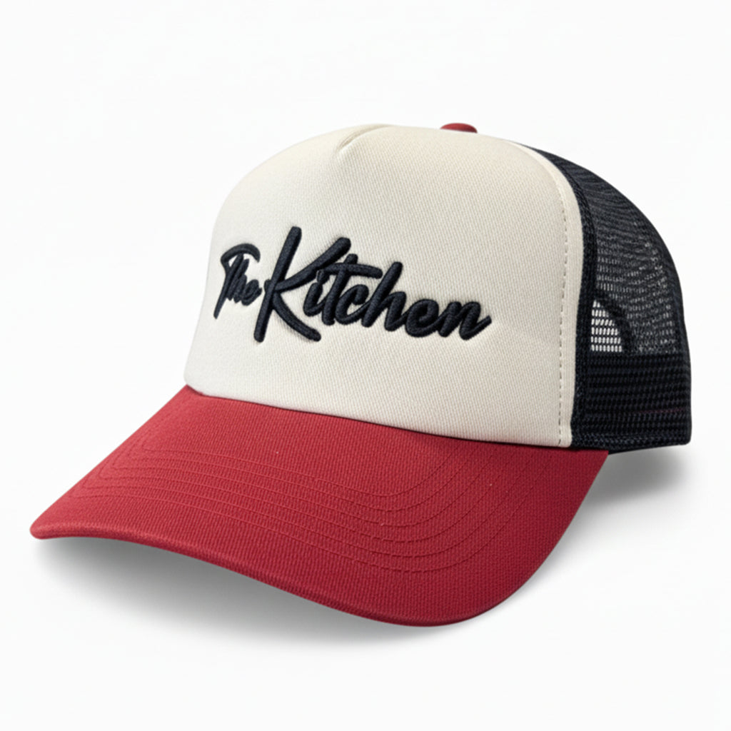 USA themed trucker hat with 'The Kitchen' text on a white background