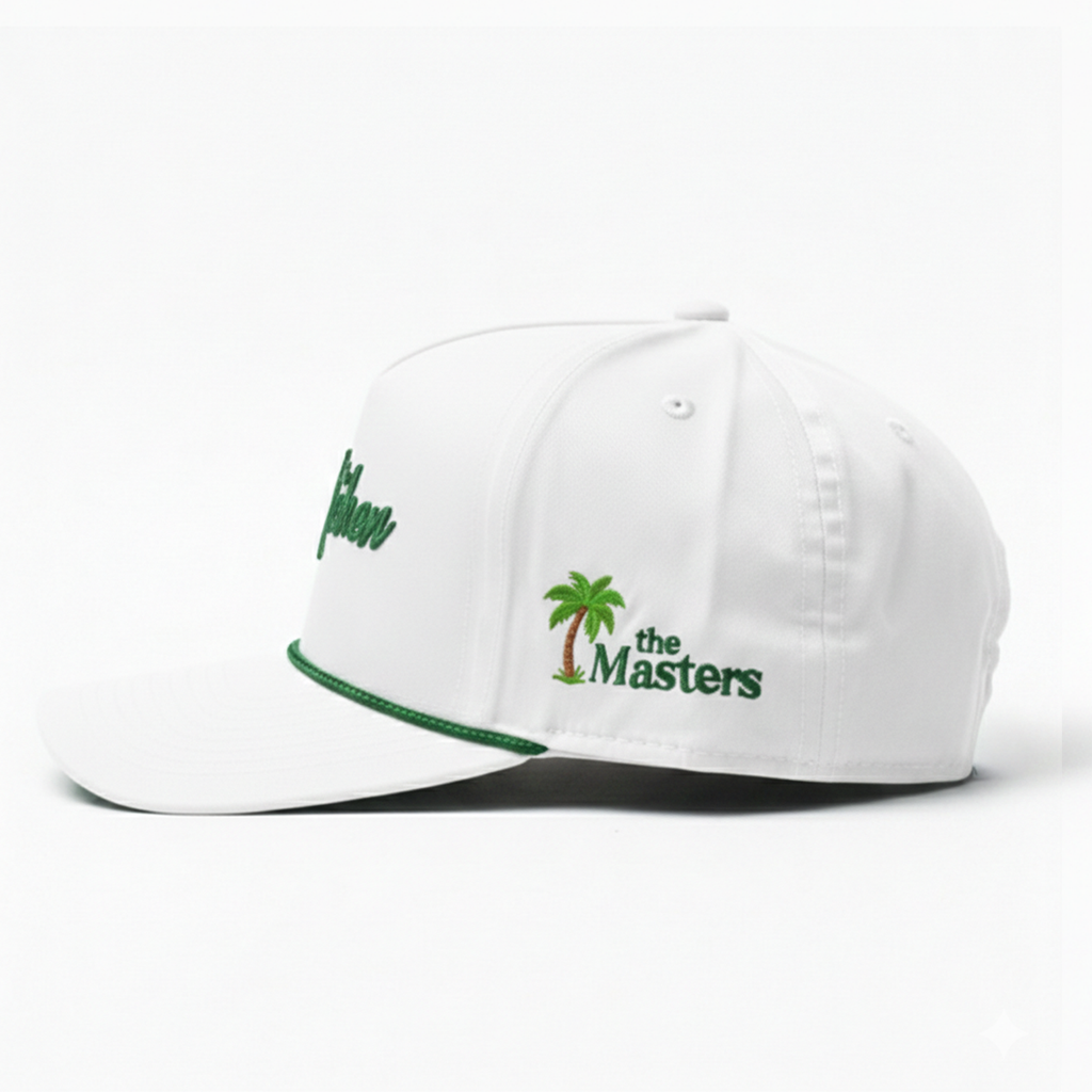 White cap with green accents featuring 'the Masters' logo on a white background