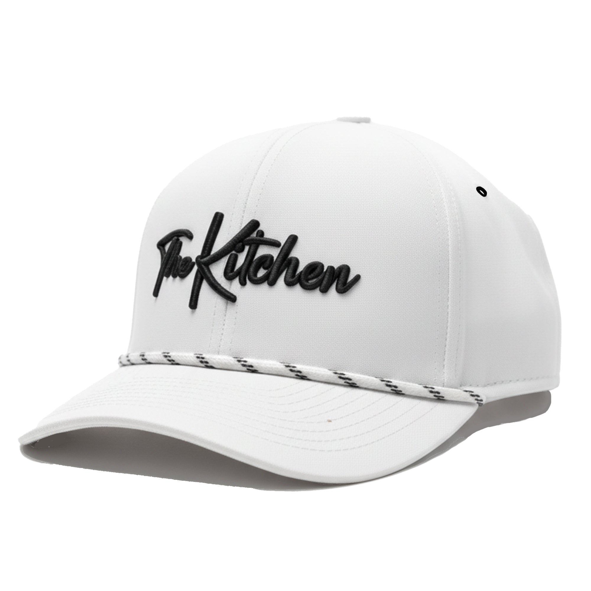 White cap with 'The Kitchen' logo on a white background