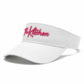 White visor with pink text on a white background