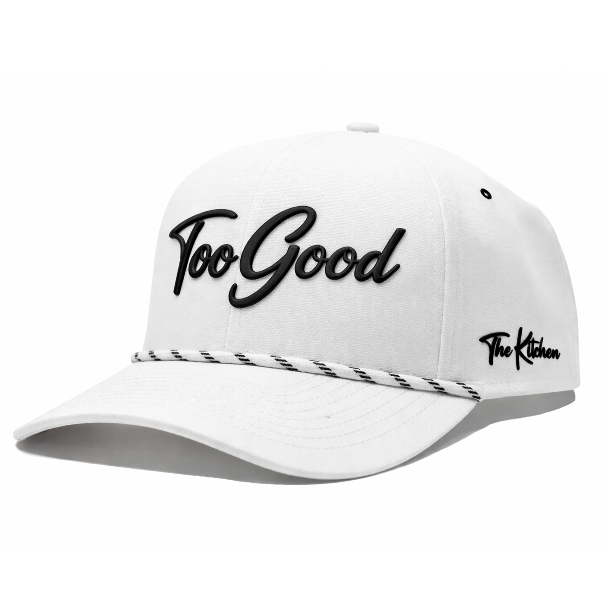 White cap with 'Too Good' and 'The Kitchen' text on a white background