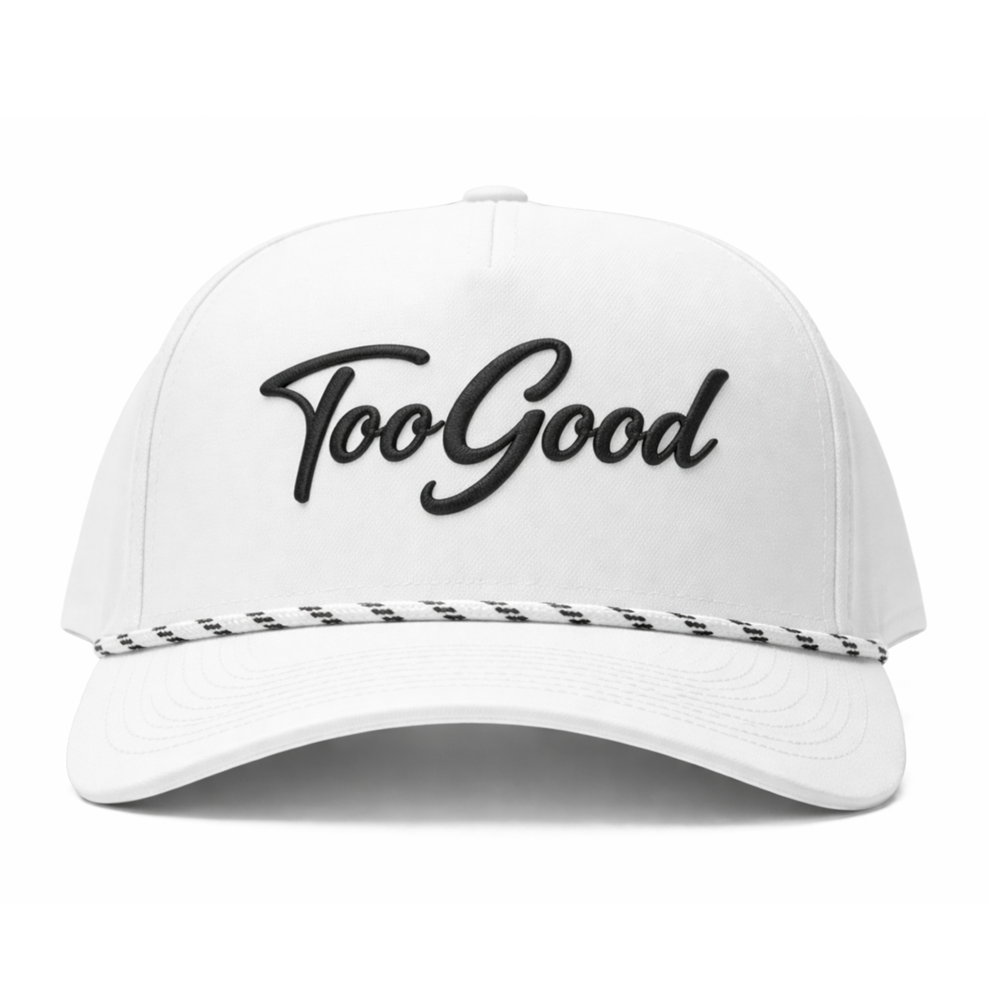 White cap with 'Too Good' text on a white background
